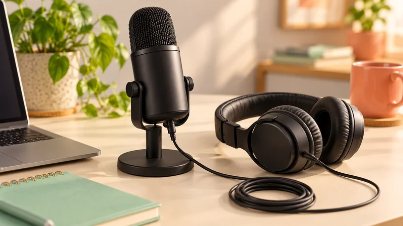A desktop microphone and wired headphones arranged for a clear audio setup