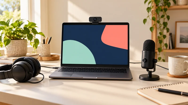 A simple laptop broadcasting setup with a webcam, microphone and headphones