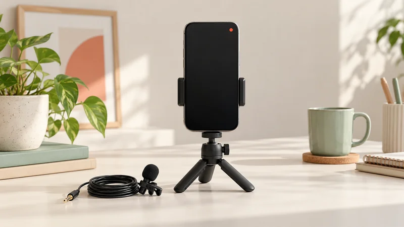 A phone on a small tripod with a clip-on microphone on a light desk